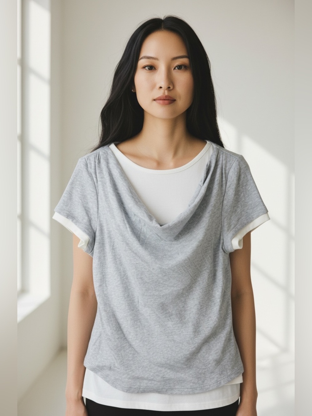 Current/Elliott Heather Gray Cream Cowl Neck Layered Women’s Top Size M NWT